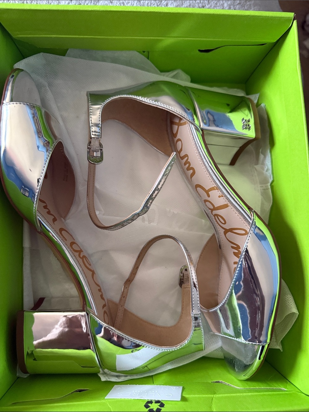 Sam Edelman Silver Metallic Block Heel Sandals with Ankle Strap. Womens size 8